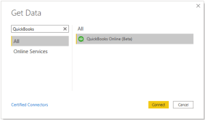 Get Data Dialog Box - QuickBooks Power BI
